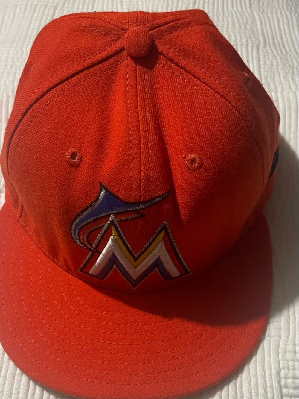 New Era Miami Marlins Orange Baseball Cap with Multicolor Logo.    7 1/4 New